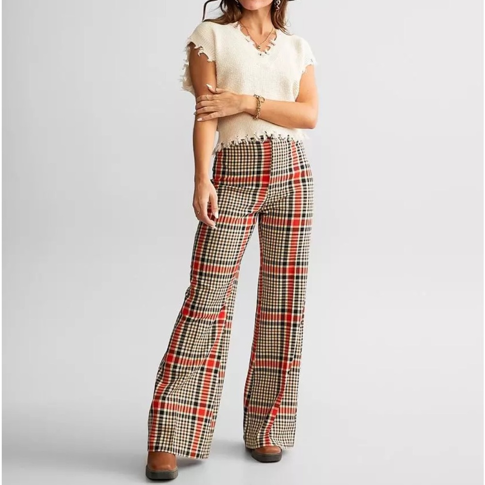 Free People Plaid Wide Leg Pants in Red, Black, Cream